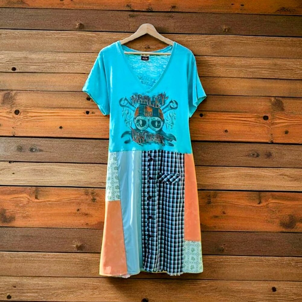 Upcycled Harley Davidson Patchwork Tee Dress 2x - image 1